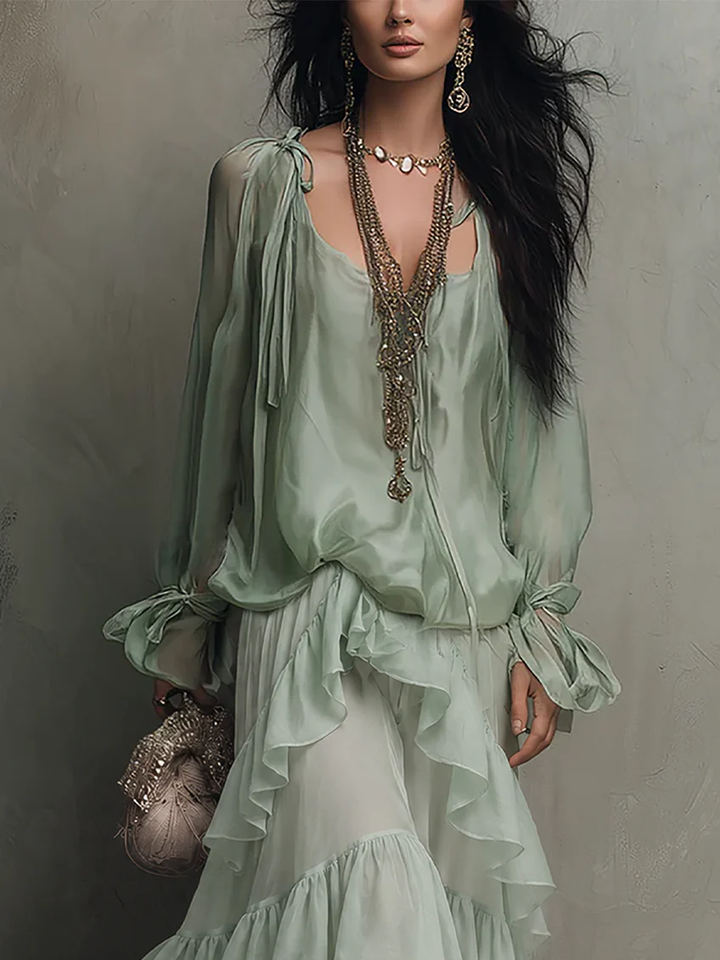 Mint Green Chiffon Ruffled Top Paired With A Layered Skirt Set