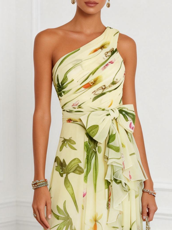 Yellow Green Floral Print Off-shoulder Chiffon Bow Tie A-line Maxi Dress