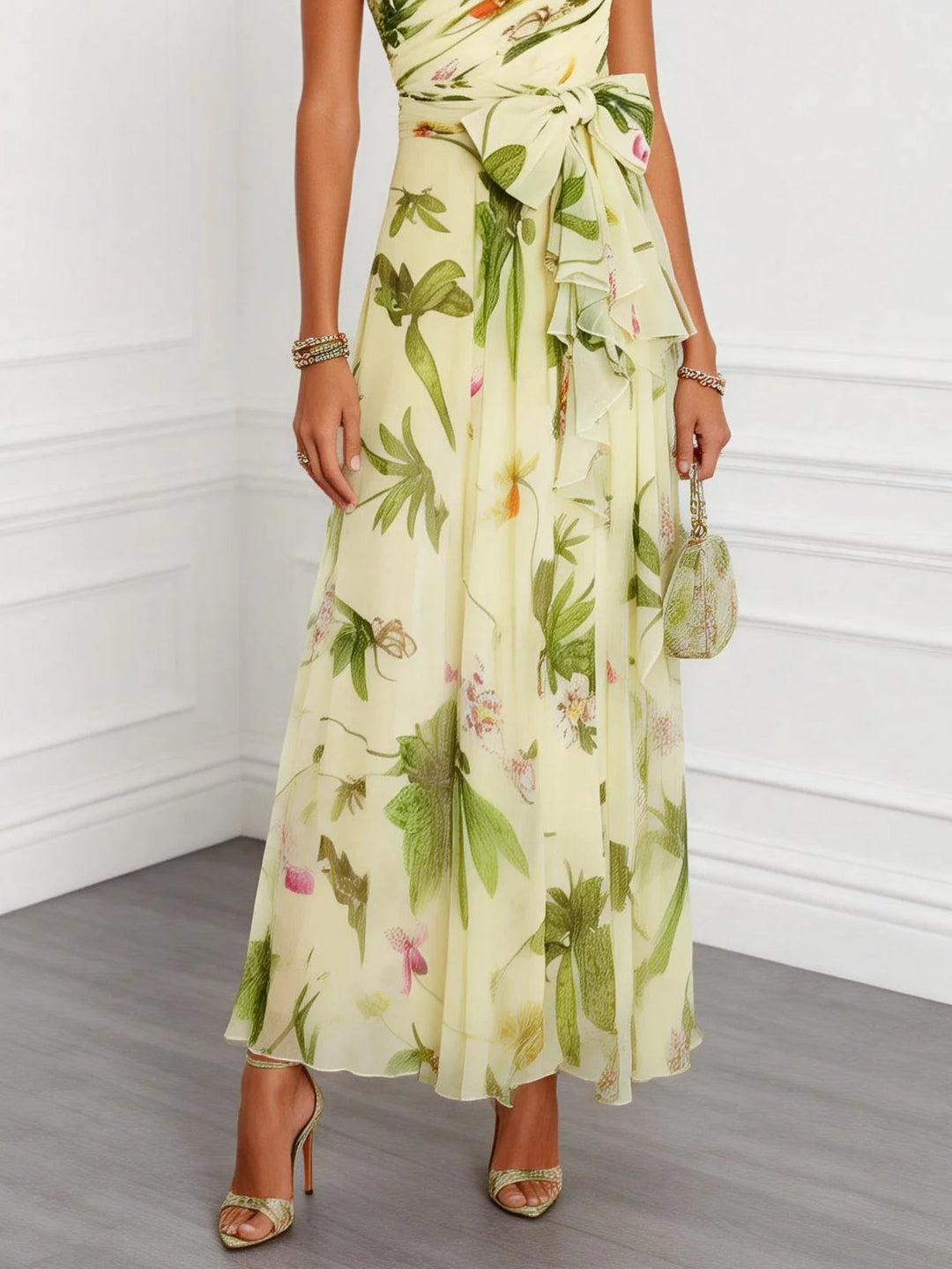 Yellow Green Floral Print Off-shoulder Chiffon Bow Tie A-line Maxi Dress