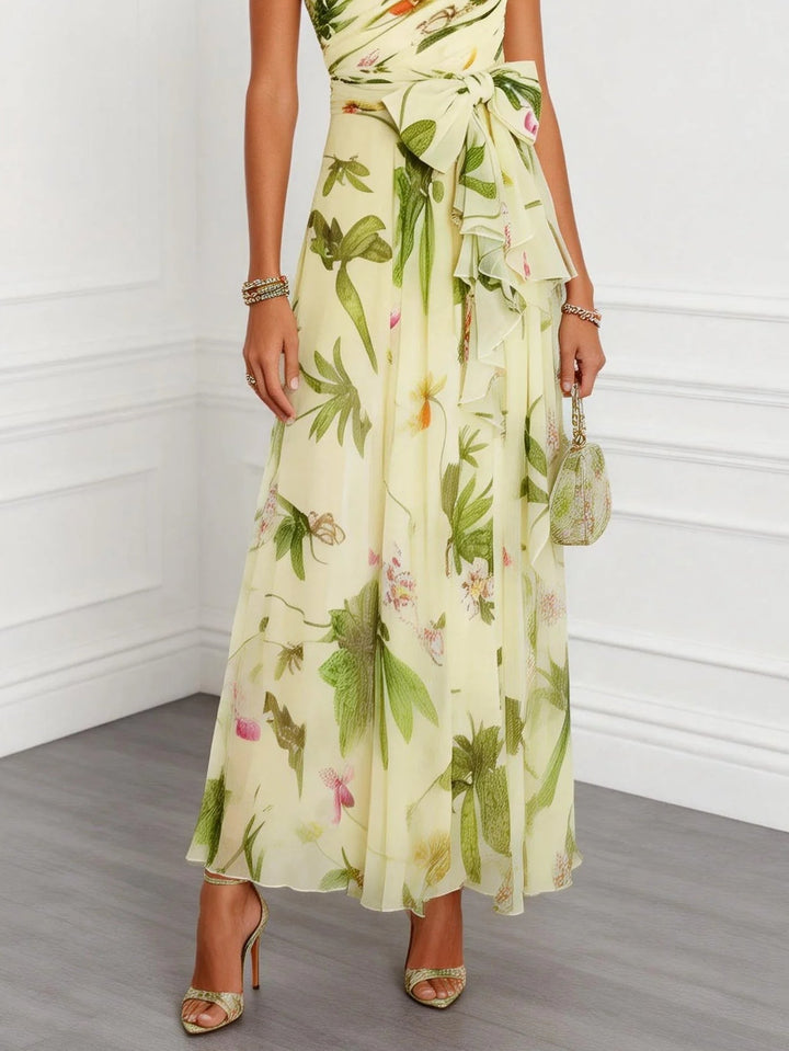 Yellow Green Floral Print Off-shoulder Chiffon Bow Tie A-line Maxi Dress