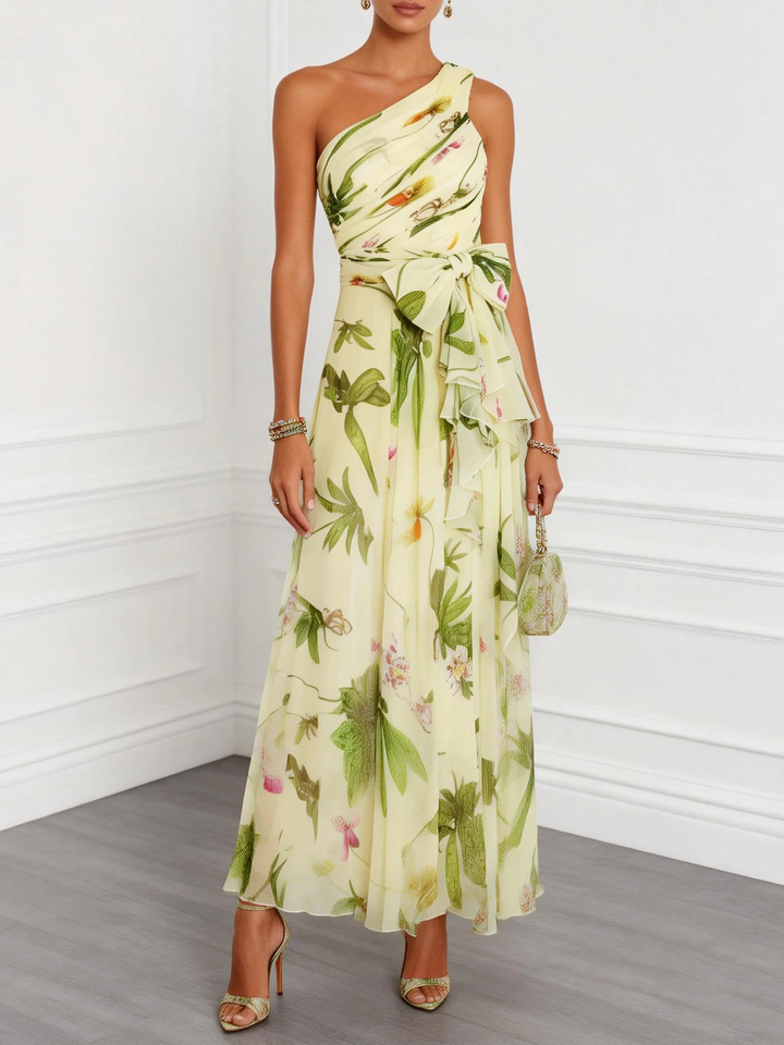 Yellow Green Floral Print Off-shoulder Chiffon Bow Tie A-line Maxi Dress