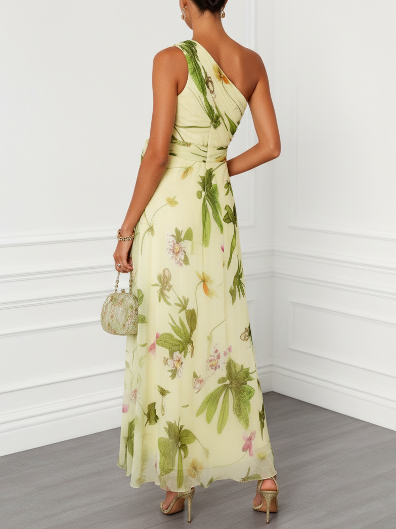 Yellow Green Floral Print Off-shoulder Chiffon Bow Tie A-line Maxi Dress