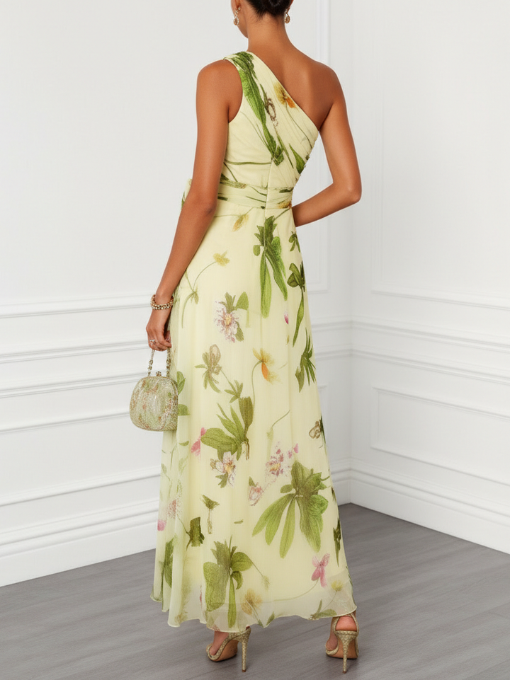 Yellow Green Floral Print Off-shoulder Chiffon Bow Tie A-line Maxi Dress