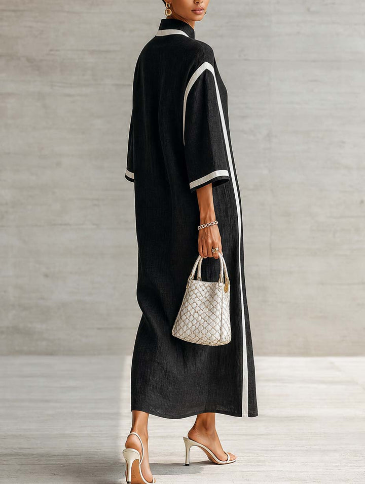 Black Color-blocked Trim V-neck Stand Collar Three-quarter Sleeve Maxi Dress