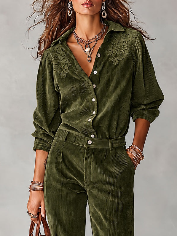 Marit™ Lace-Trim Shirt &amp; Wide-Leg Pants Set