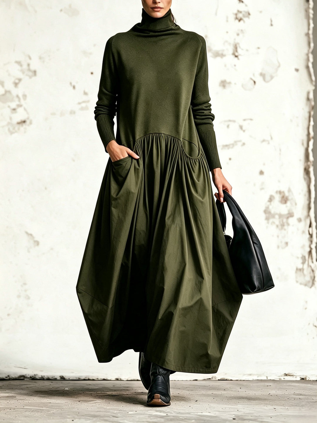 Black High Neck Pocket Detail Oversized Maxi Dress