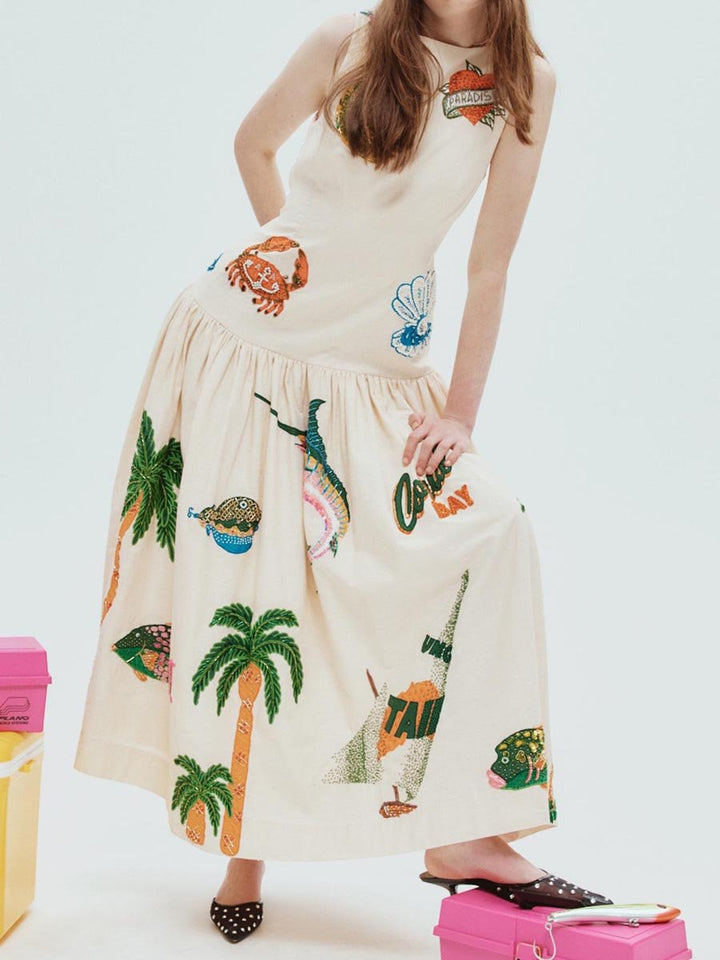 Embroidered Printed Sleeveless Drop Waist Dress