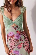 Green Lace Backless Slit Printed Long Dress