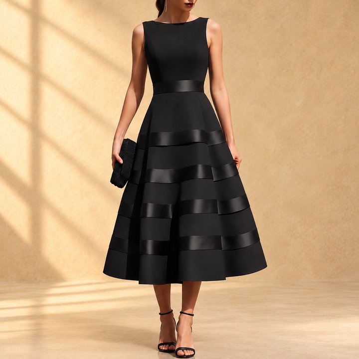 Annabella™ | Black sleeveless midi dress with flared skirt and defined waist