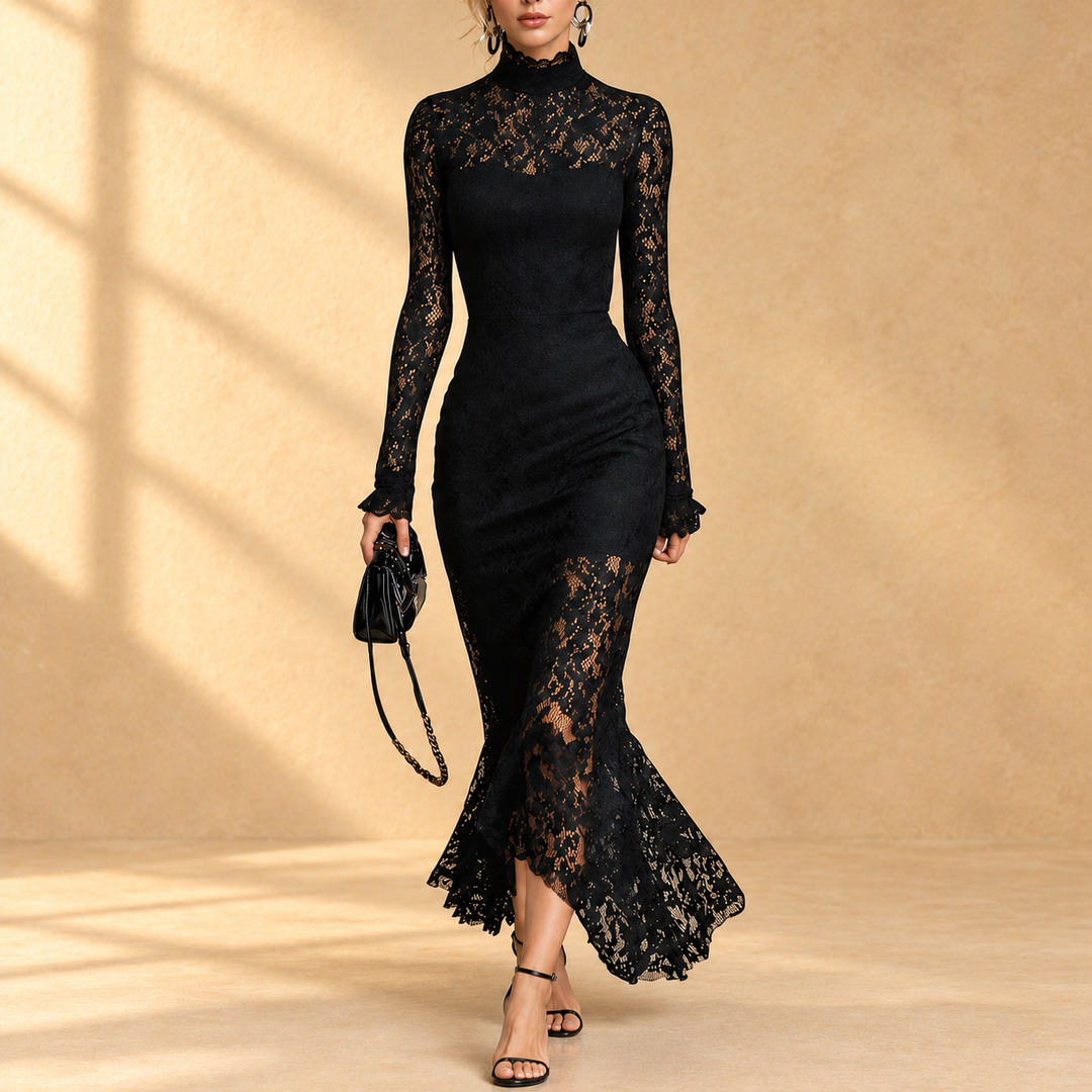 Arabella™ | Black evening dress with mock neck and long sleeves