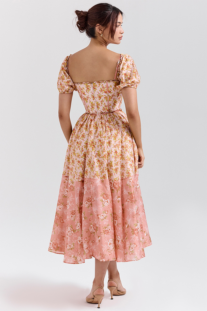 Floral Print Puff Sleeve Cinch Waist Colorblock Midi Dresses