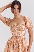 Floral Print Puff Sleeve Cinch Waist Colorblock Midi Dresses