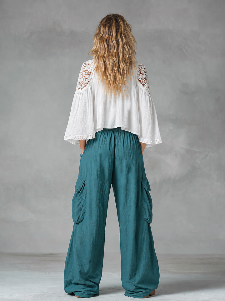 Vintage-style Boho White Shirt And Teal Utility Trousers Cotton-linen Set