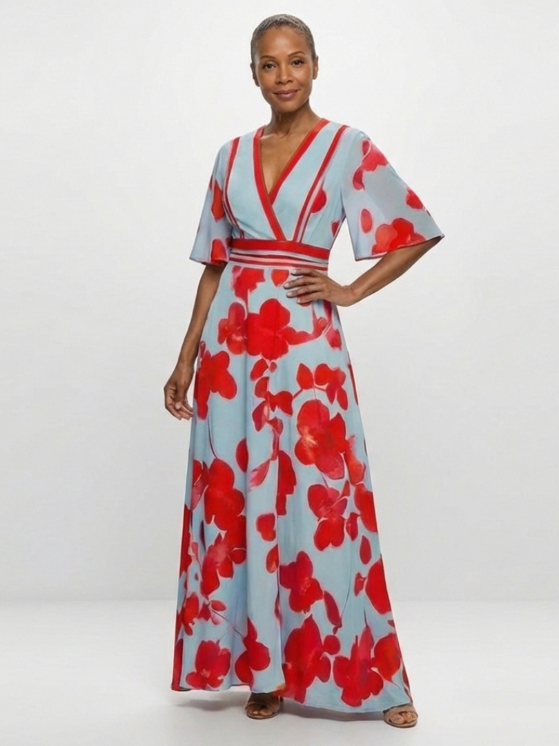 Corinne™ | V Neck Short Sleeve Floral Maxi Dress