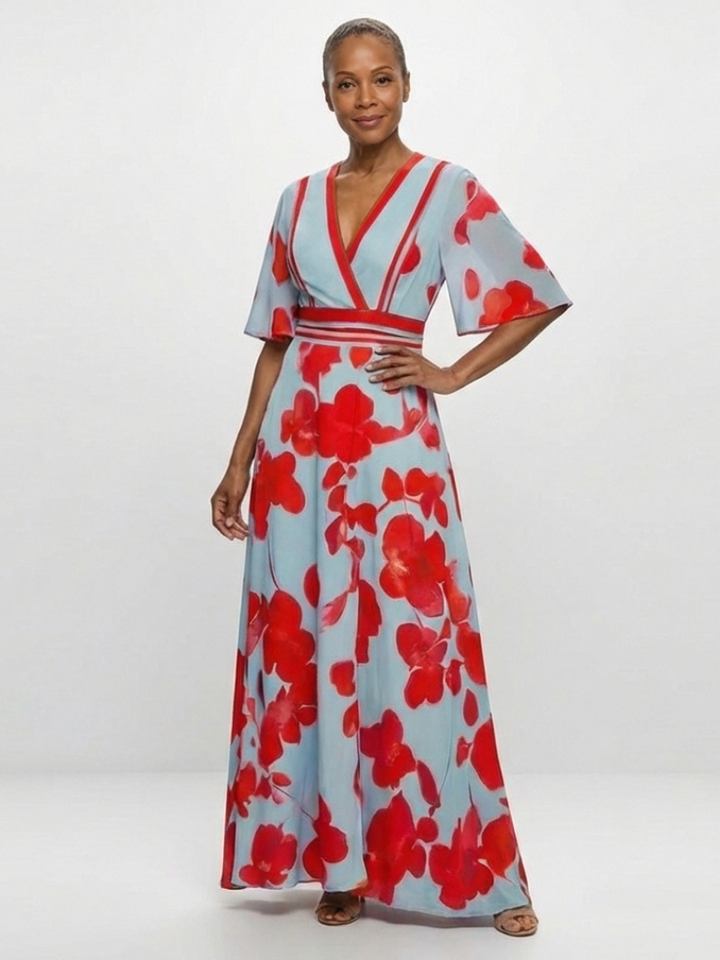 Corinne™ | V Neck Short Sleeve Floral Maxi Dress