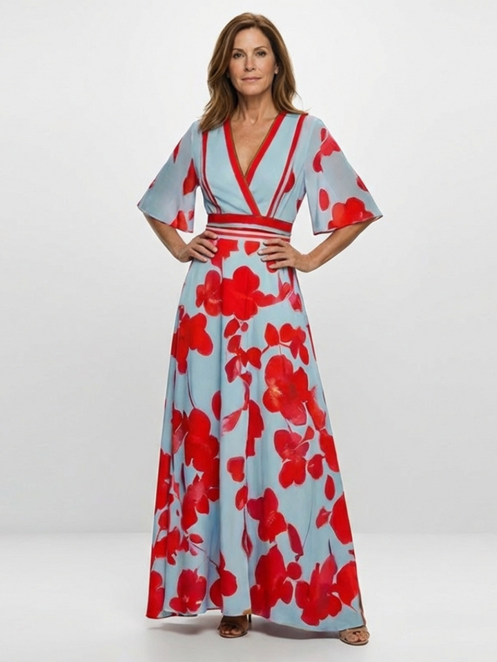 Corinne™ | V Neck Short Sleeve Floral Maxi Dress