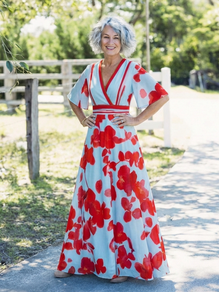Corinne™ | V Neck Short Sleeve Floral Maxi Dress