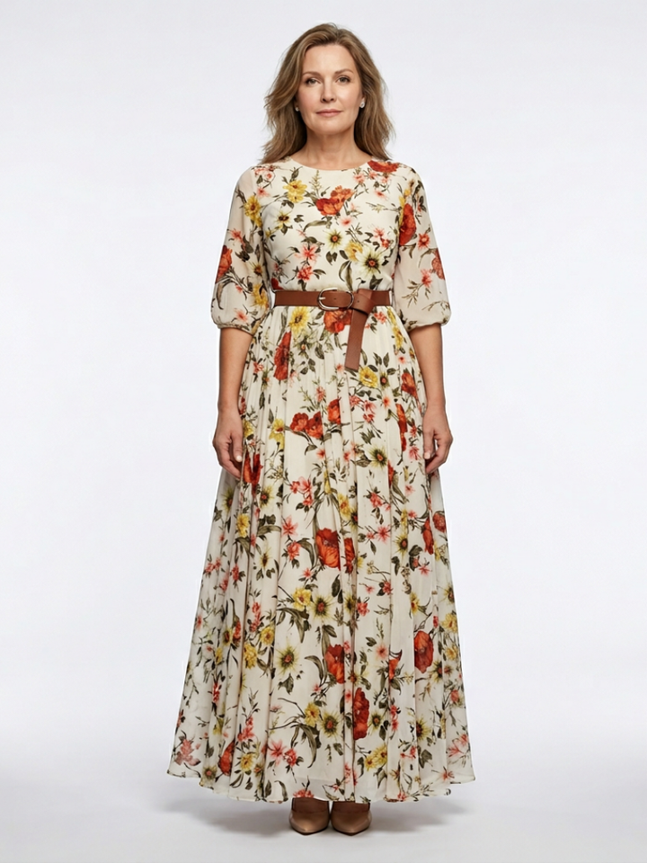 Emeline™ | Round Neck Three Quarter Sleeve Belted Maxi Dress