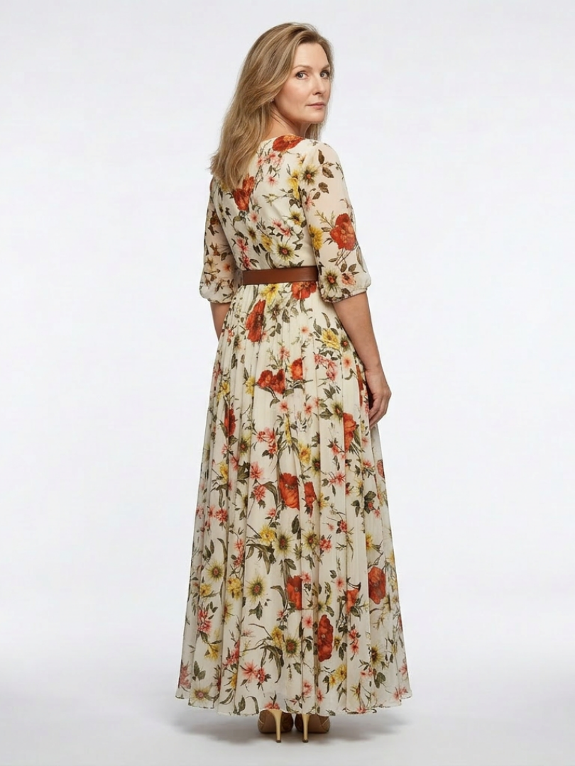 Emeline™ | Round Neck Three Quarter Sleeve Belted Maxi Dress
