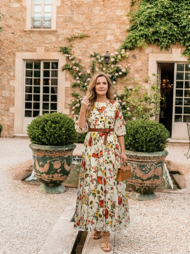 Emeline™ | Round Neck Three Quarter Sleeve Belted Maxi Dress