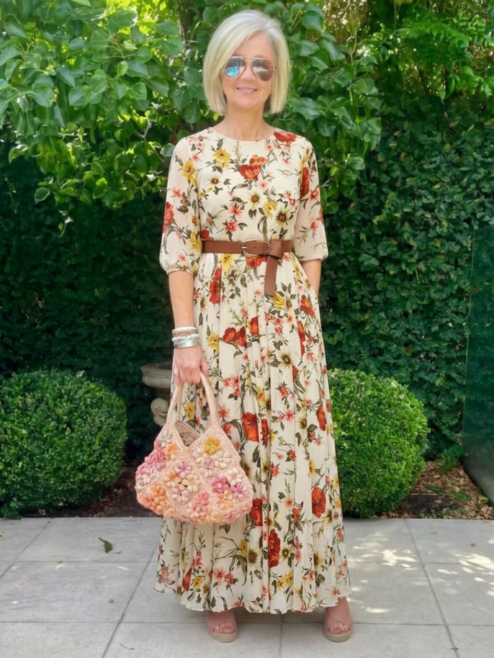 Emeline™ | Round Neck Three Quarter Sleeve Belted Maxi Dress
