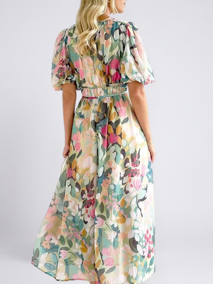 Eulalie™ | V Neck Short Sleeve Gathered Waist Midi Dress
