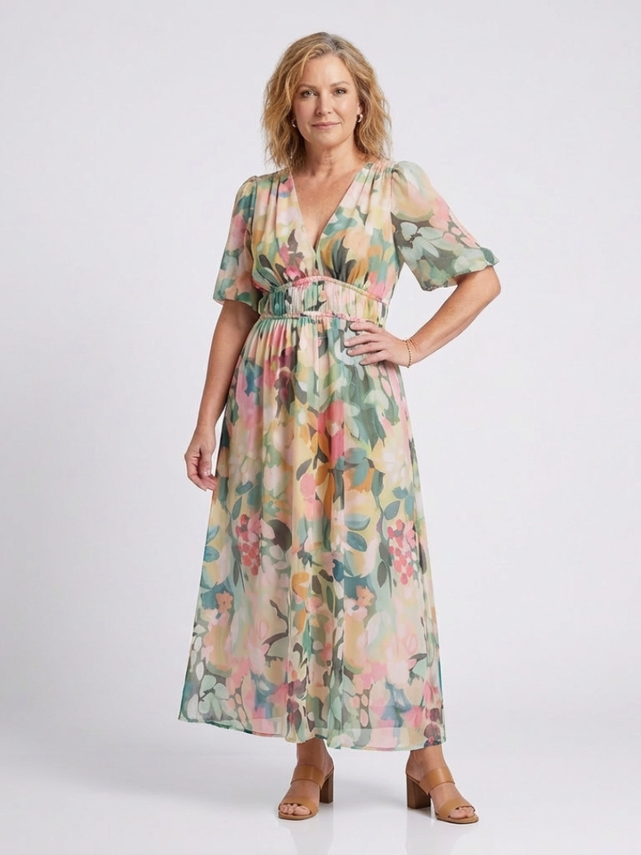 Eulalie™ | V Neck Short Sleeve Gathered Waist Midi Dress