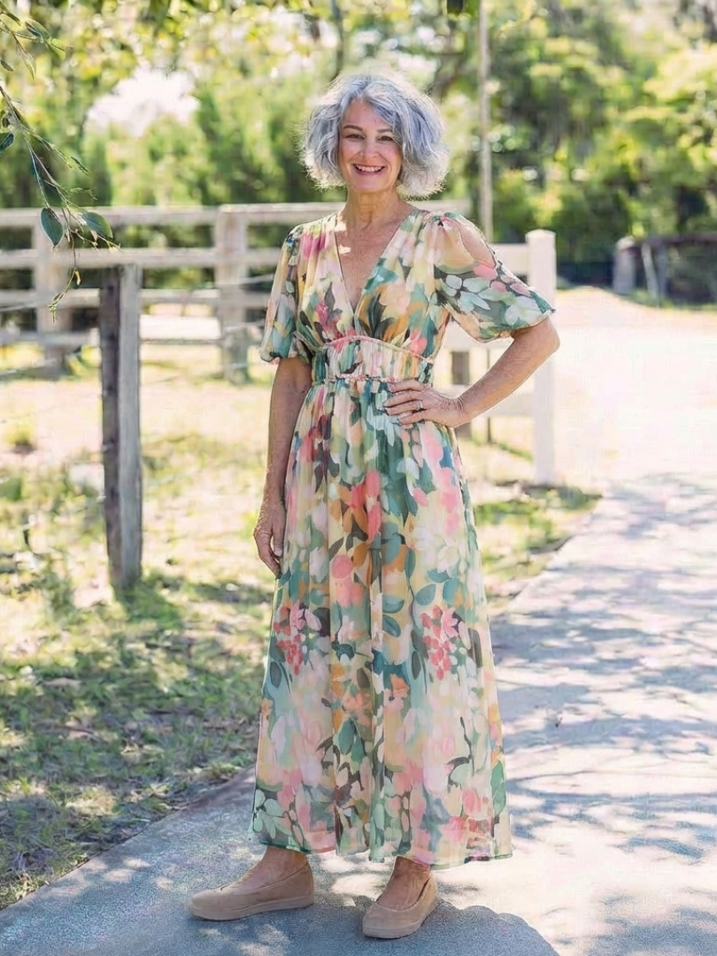 Eulalie™ | V Neck Short Sleeve Gathered Waist Midi Dress