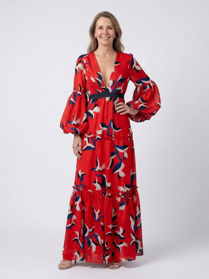 Isolde™ | V Neck Tie Waist Long Sleeve Maxi Dress