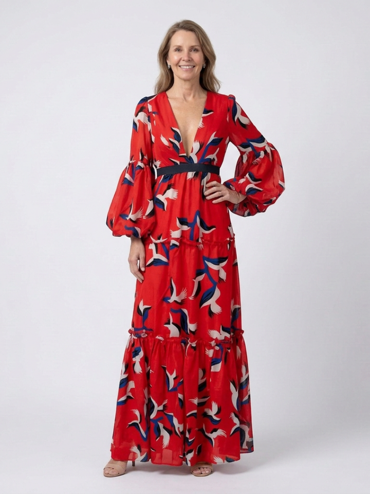 Isolde™ | V Neck Tie Waist Long Sleeve Maxi Dress