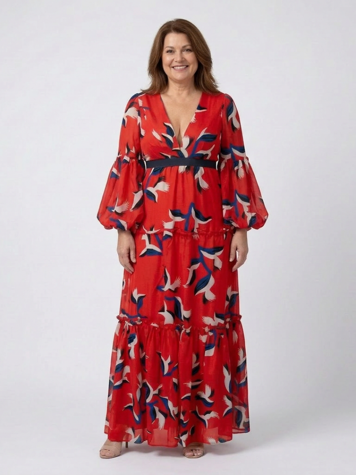 Isolde™ | V Neck Tie Waist Long Sleeve Maxi Dress