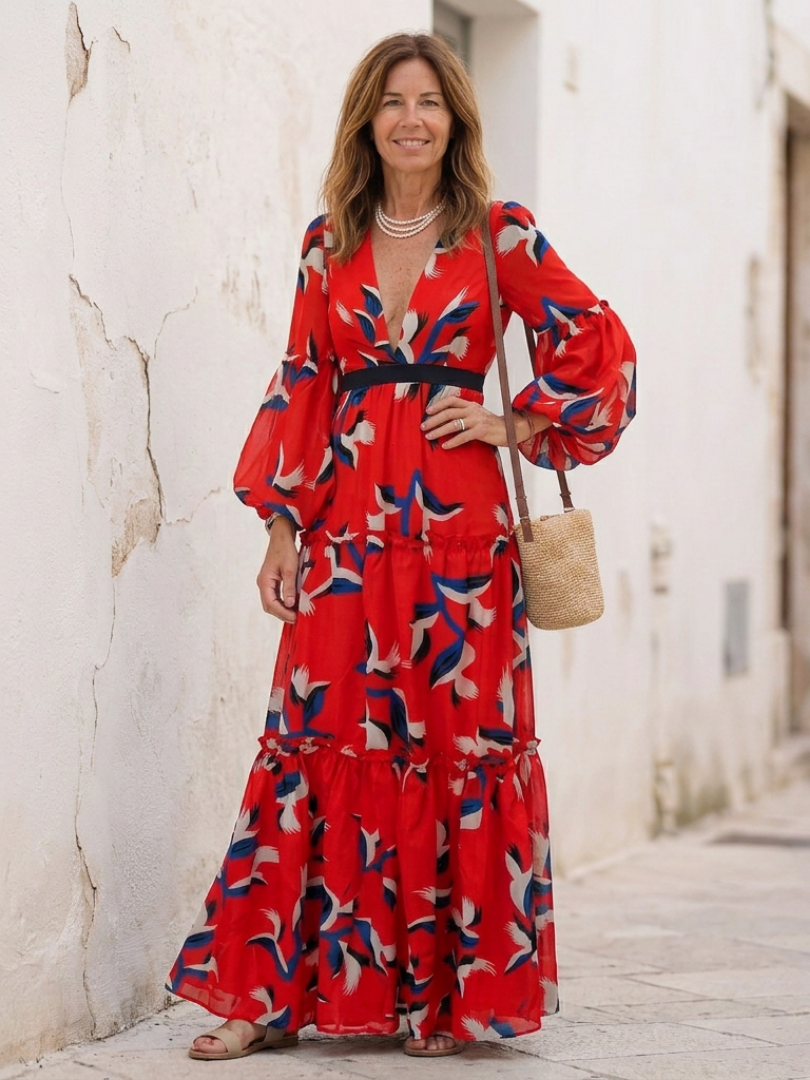 Isolde™ | V Neck Tie Waist Long Sleeve Maxi Dress