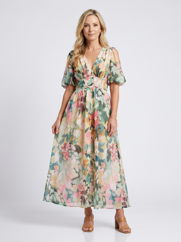 Eulalie™ | V Neck Short Sleeve Gathered Waist Midi Dress