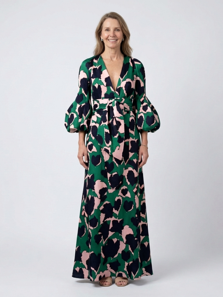 Isolde™ | V Neck Tie Waist Long Sleeve Maxi Dress