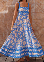 Blue Floral Lace Stitching Wave Suspender Maxi Dress