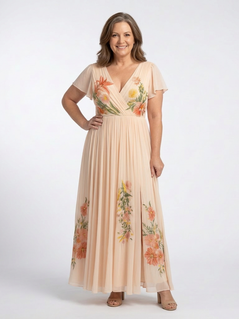 Eugenia™ | V Neck Short Sleeve Pleated Floral Maxi Dress