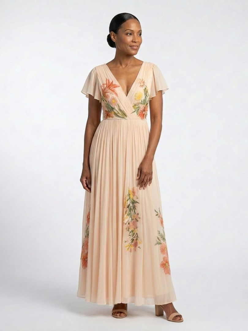 Eugenia™ | V Neck Short Sleeve Pleated Floral Maxi Dress