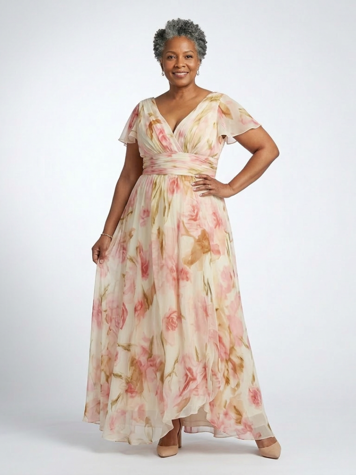 Elara™ | V Neck Short Sleeve Floral Maxi Dress