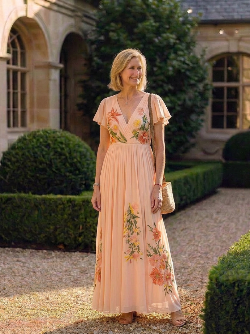 Eugenia™ | V Neck Short Sleeve Pleated Floral Maxi Dress