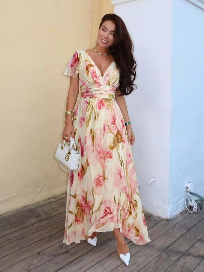 Elara™ | V Neck Short Sleeve Floral Maxi Dress