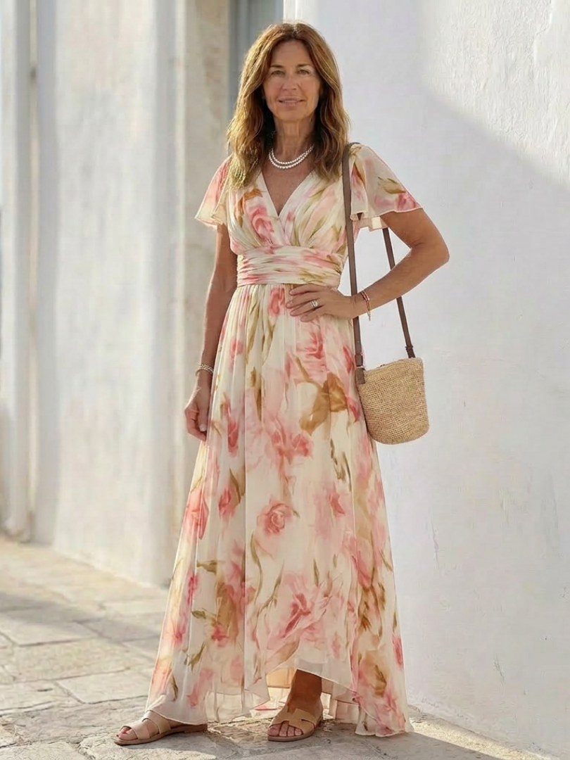 Elara™ | V Neck Short Sleeve Floral Maxi Dress