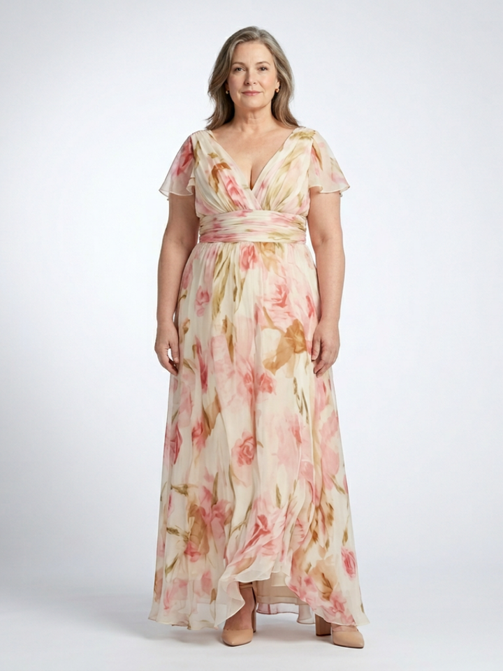Elara™ | V Neck Short Sleeve Floral Maxi Dress