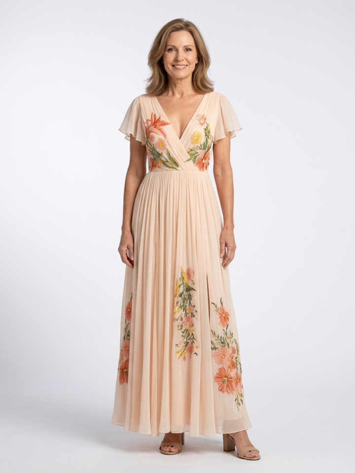 Eugenia™ | V Neck Short Sleeve Pleated Floral Maxi Dress