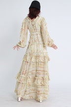 V-Neck Lace Puff Sleeve Tiered Ruffle Hem Maxi Dress Yellow