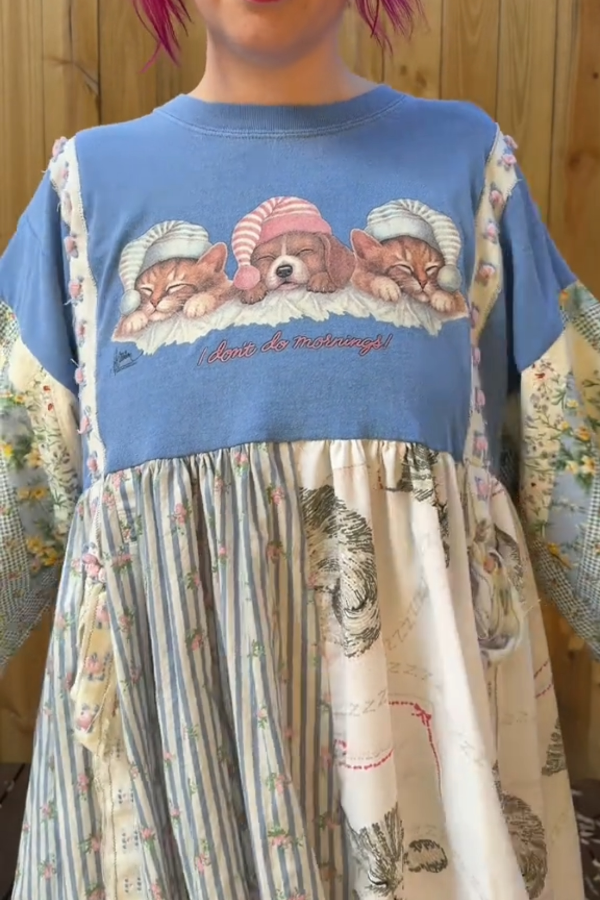 Dog And Cat Print Patchwork Dress