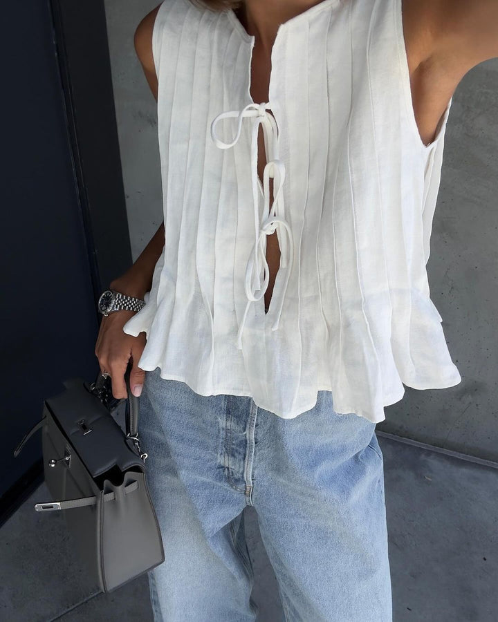 Cotton and Linen Sleeveless Tie-Strap Shirt Long Dress Set