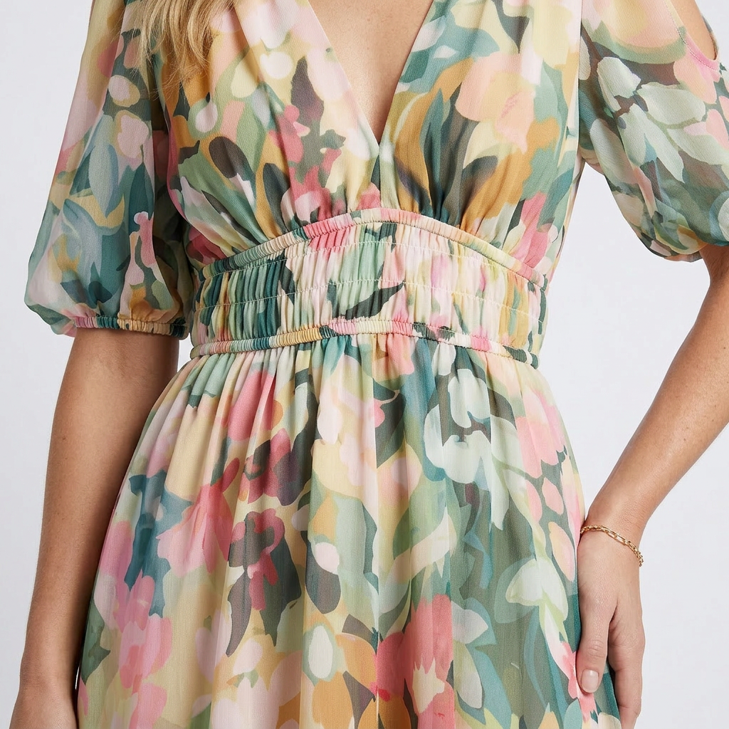 Eulalie™ | V Neck Short Sleeve Gathered Waist Midi Dress