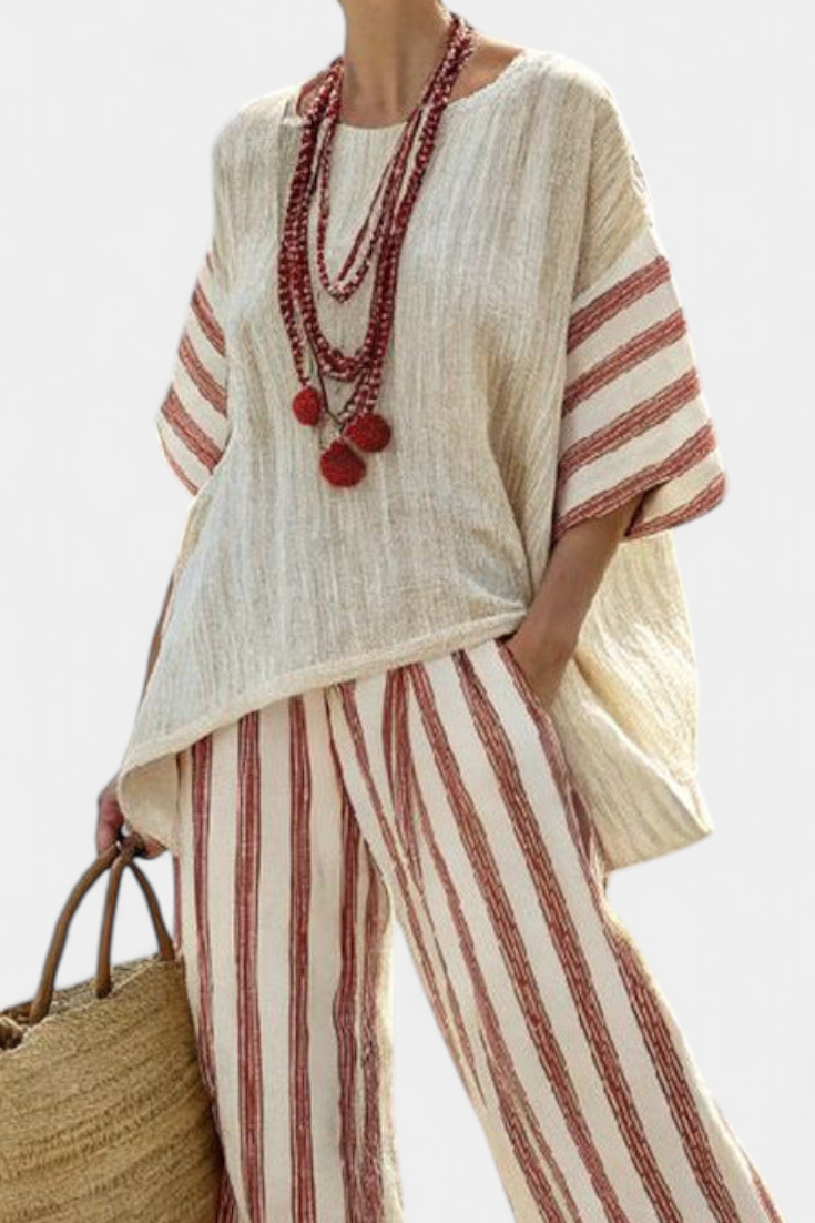 Braelith™ | Elegant Rustic Striped Top &amp; Cream Linen Pants