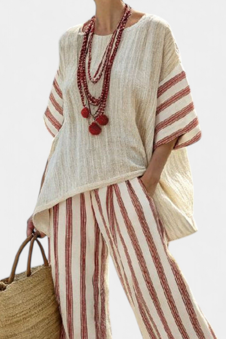Braelith™ | Elegant Rustic Striped Top &amp; Cream Linen Pants
