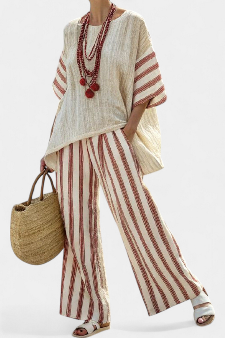 Braelith™ | Elegant Rustic Striped Top &amp; Cream Linen Pants
